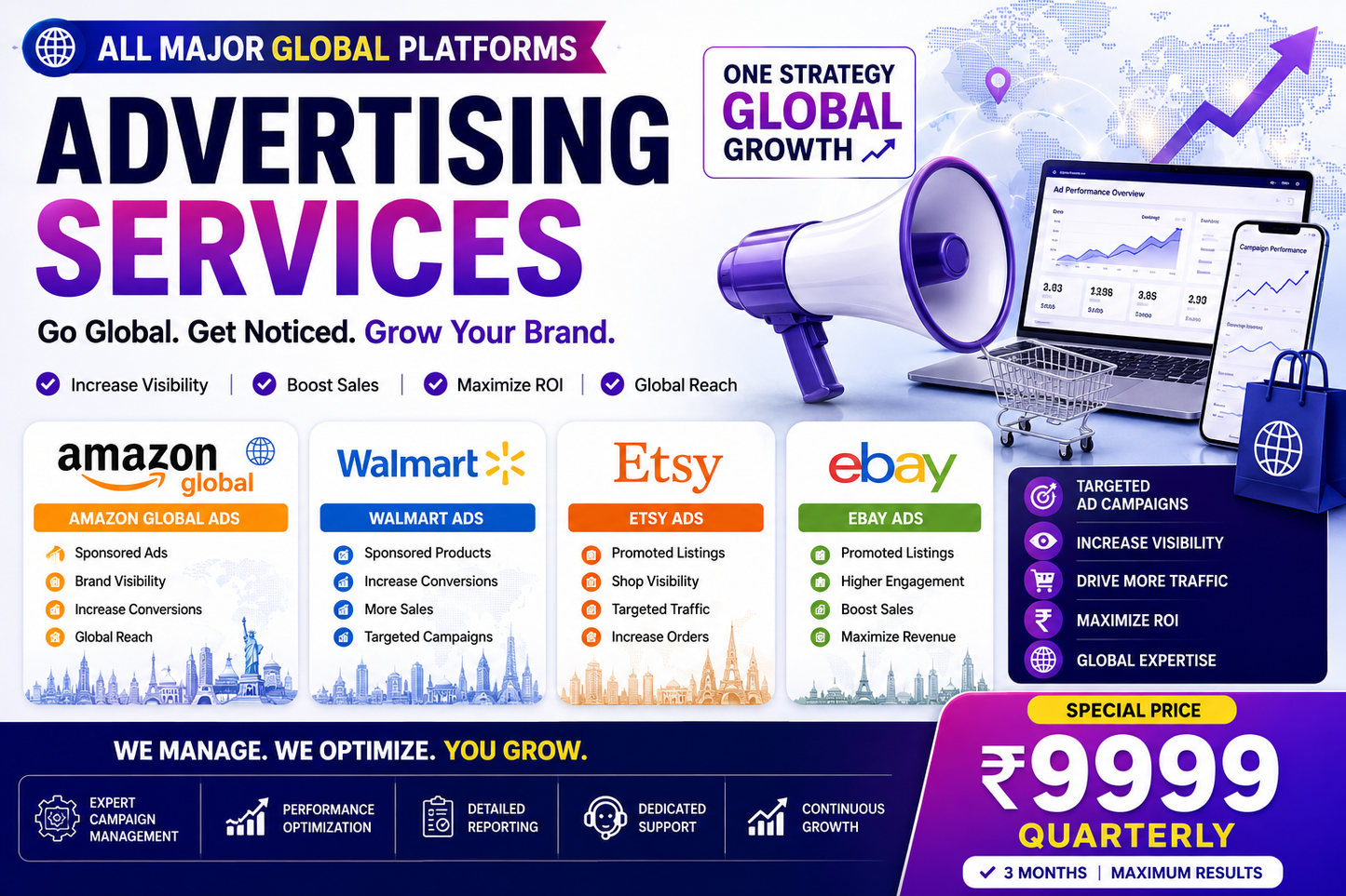 Global Marketplace Advertising Management | Amazon Global, Walmart, Etsy & eBay Ads | International PPC Campaign Management | 3 Months | ₹9,999