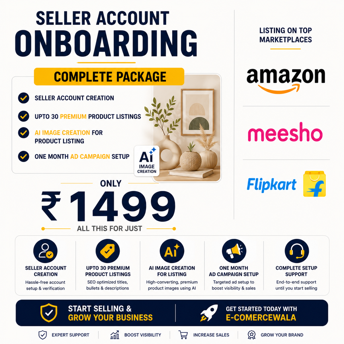 Amazon.in , Flipkart , Meesho seller account onboarding + 30 Premium Product  listing + 1 month ad campaign setup  only  ₹ 1499 Only