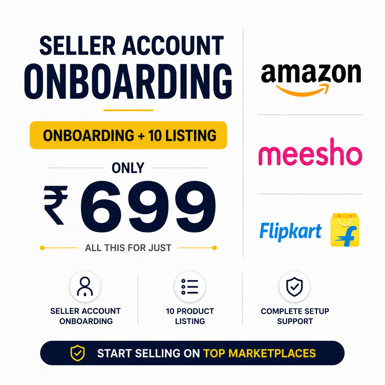 Amazon.in , flipkart , Meesho seller account onboarding + 10 listing only  ₹ 699 Only