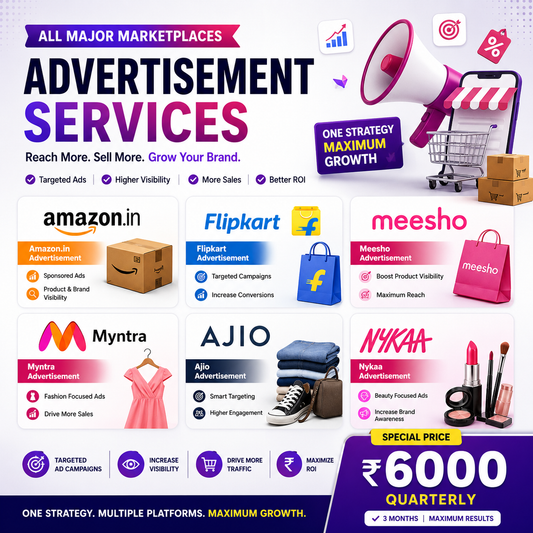 Domestic Marketplace Advertisement Management Service | Amazon, Flipkart, Meesho, Myntra, AJIO & Nykaa Ads | 3 Months Campaign Management | Boost Sales & ROI 6000 ONLY